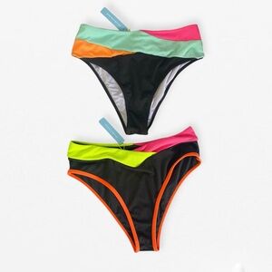 Set of 2 New Colorful black neon color block high waist cut Bikini Bottoms M
